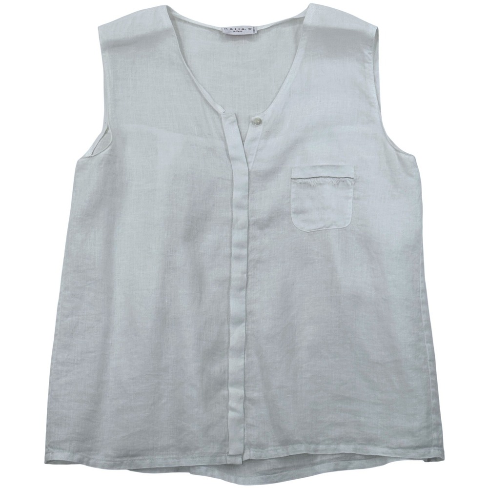 Italian Womens Linen Blouse M/L White Sleeveless Button Down Coastal Preppy Luxe